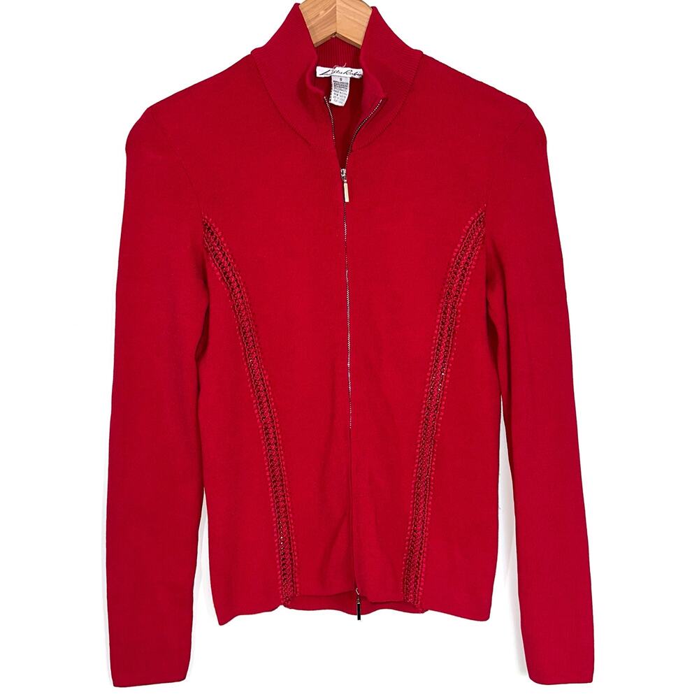 Lillie Rubin Knitwear Red Textured Cutout Full Zip Jacket Size Small